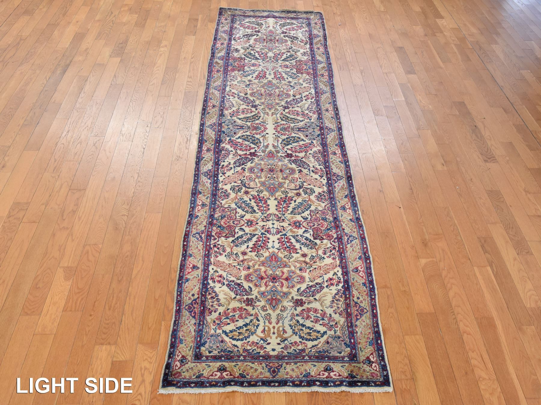 3'x12' Oyster White, Antique Persian Kerman, Hand Knotted, 100% Wool, Clean, Sides and Ends Professionally Secured, Good Condition, Runner, Oriental Rug HR78485 - Image 3