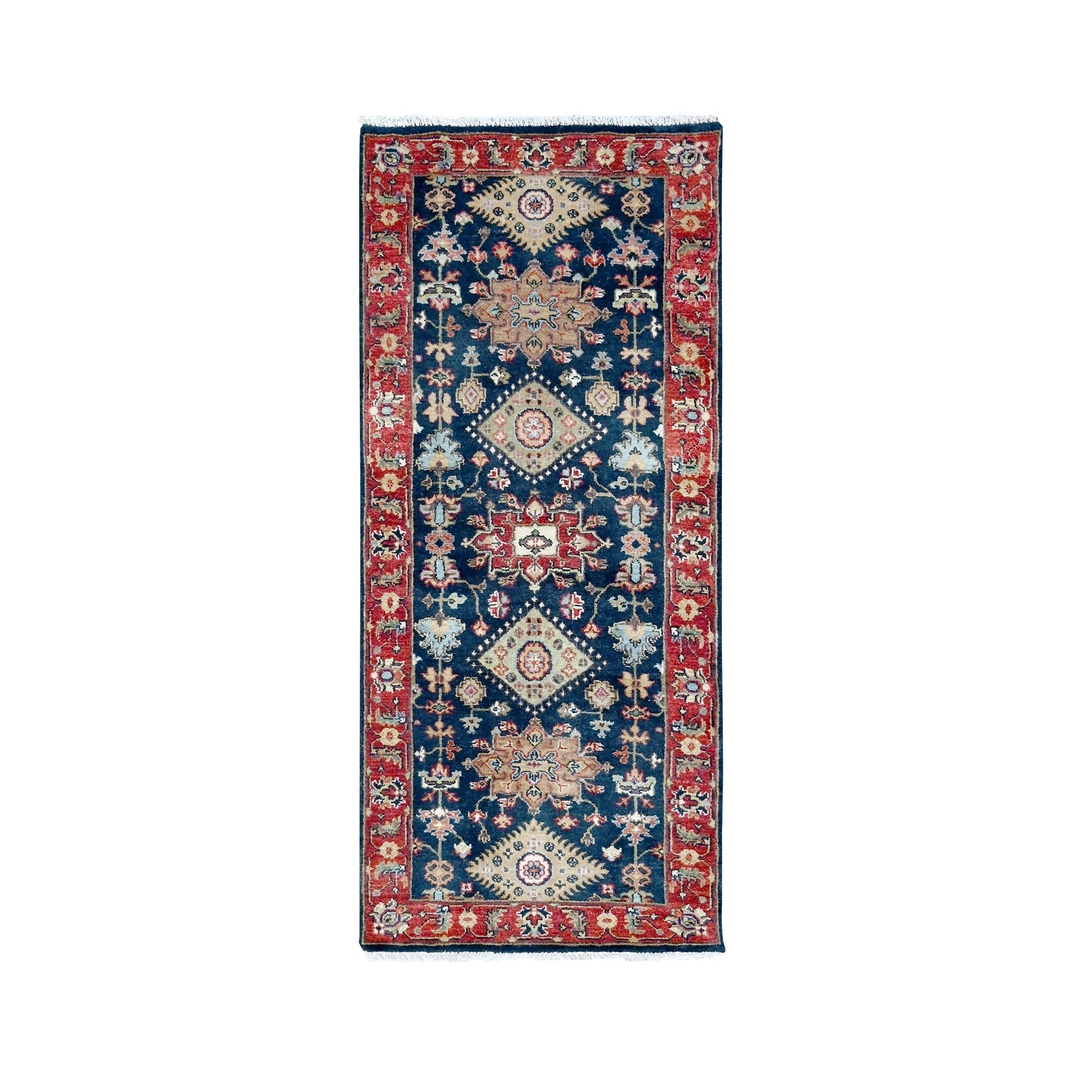 2'7"x6' Yale Blue, Karajeh Design with Geometric Medallions, Hand Knotted, Soft Wool, Runner, Oriental Rug HR10301