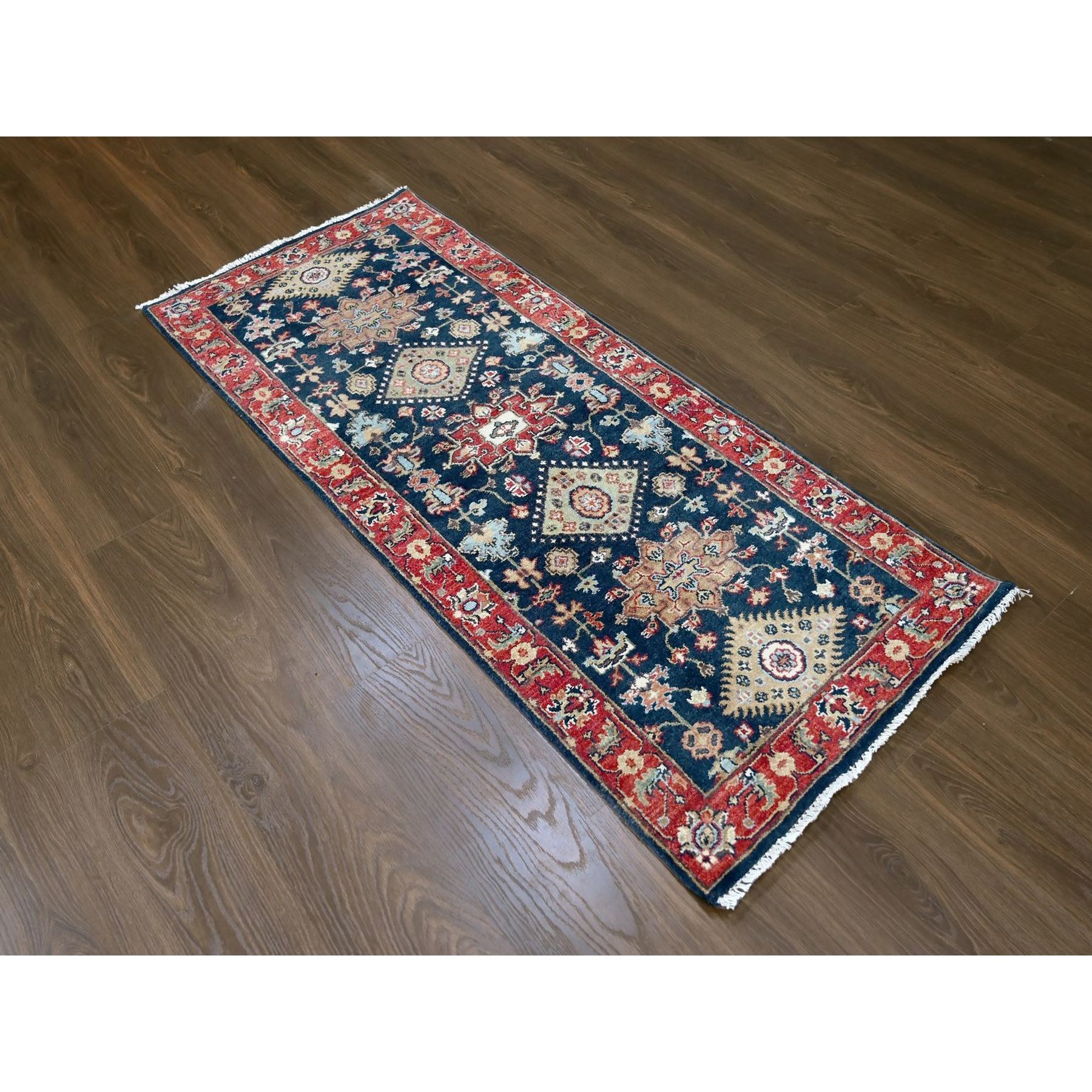 2'7"x6' Yale Blue, Karajeh Design with Geometric Medallions, Hand Knotted, Soft Wool, Runner, Oriental Rug HR10301 - Image 2