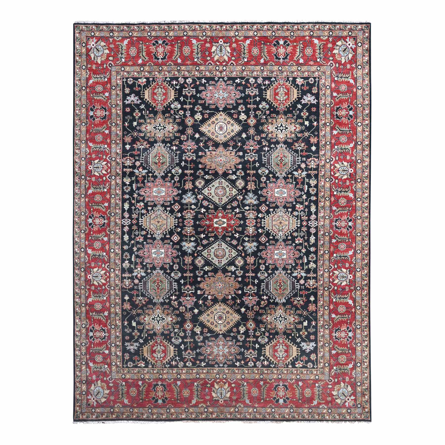 10'1"x13'10" Yale Blue, Karajeh Design with Geometric Medallions, Hand Knotted, Soft Wool, Oriental Rug HR10303