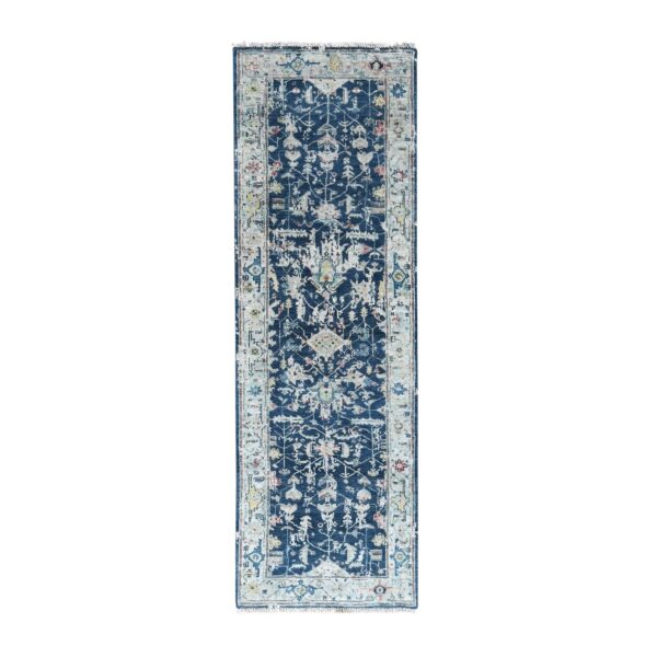 2'7"x8' Yale Blue, Broken and Erased Persian Heriz All Over Design, Soft Color Palette, Hand Knotted, 100% Wool, Denser Weave, Runner, Oriental Rug HR10313