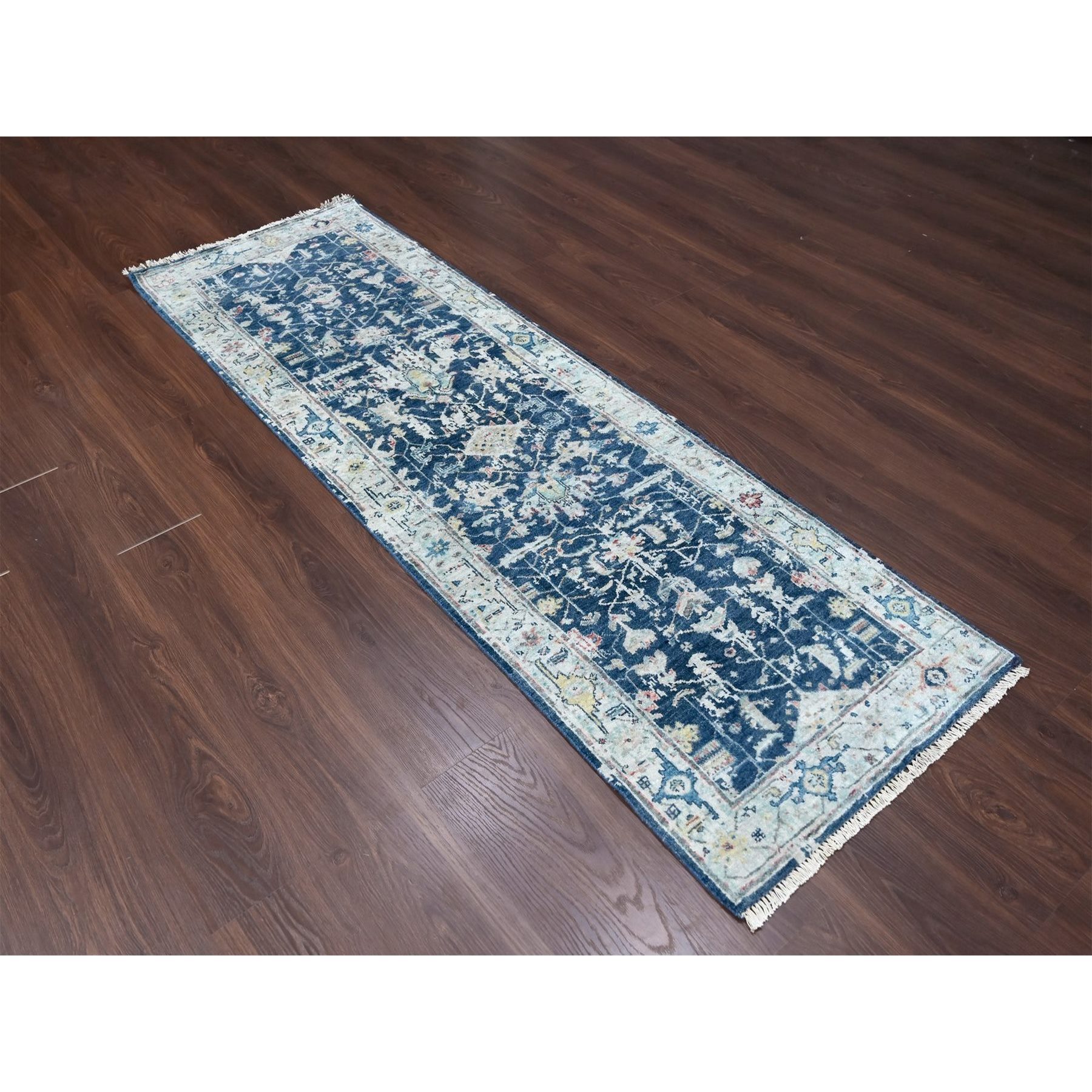 2'7"x8' Yale Blue, Broken and Erased Persian Heriz All Over Design, Soft Color Palette, Hand Knotted, 100% Wool, Denser Weave, Runner, Oriental Rug HR10313 - Image 2