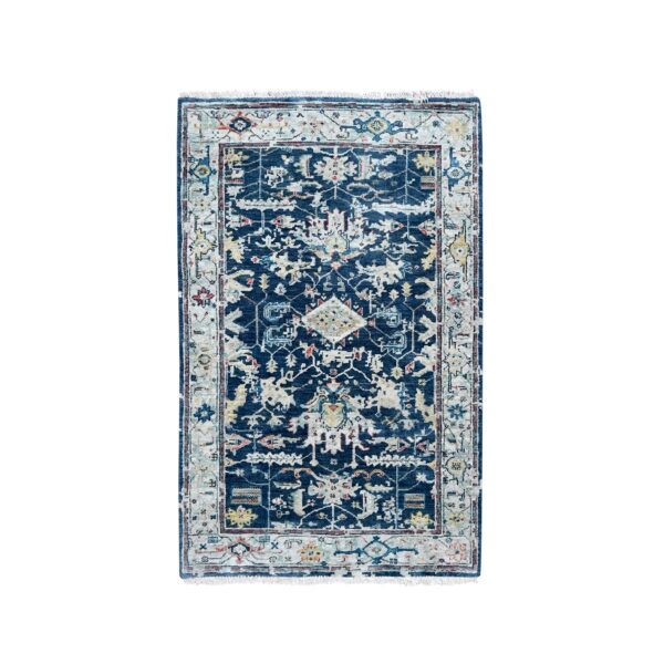 3'2"x4'10" Navy Blue, Broken and Erased Persian Heriz All Over Design, Soft Color Palette, Denser Weave, Hand Knotted, 100% Wool, Oriental Rug HR10315