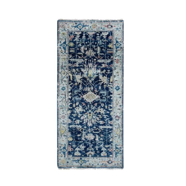 2'7"x5'9" Yale Blue, Broken and Erased Persian Heriz All Over Design, Soft Color Palette, Hand Knotted, 100% Wool, Denser Weave, Runner, Oriental Rug HR10317