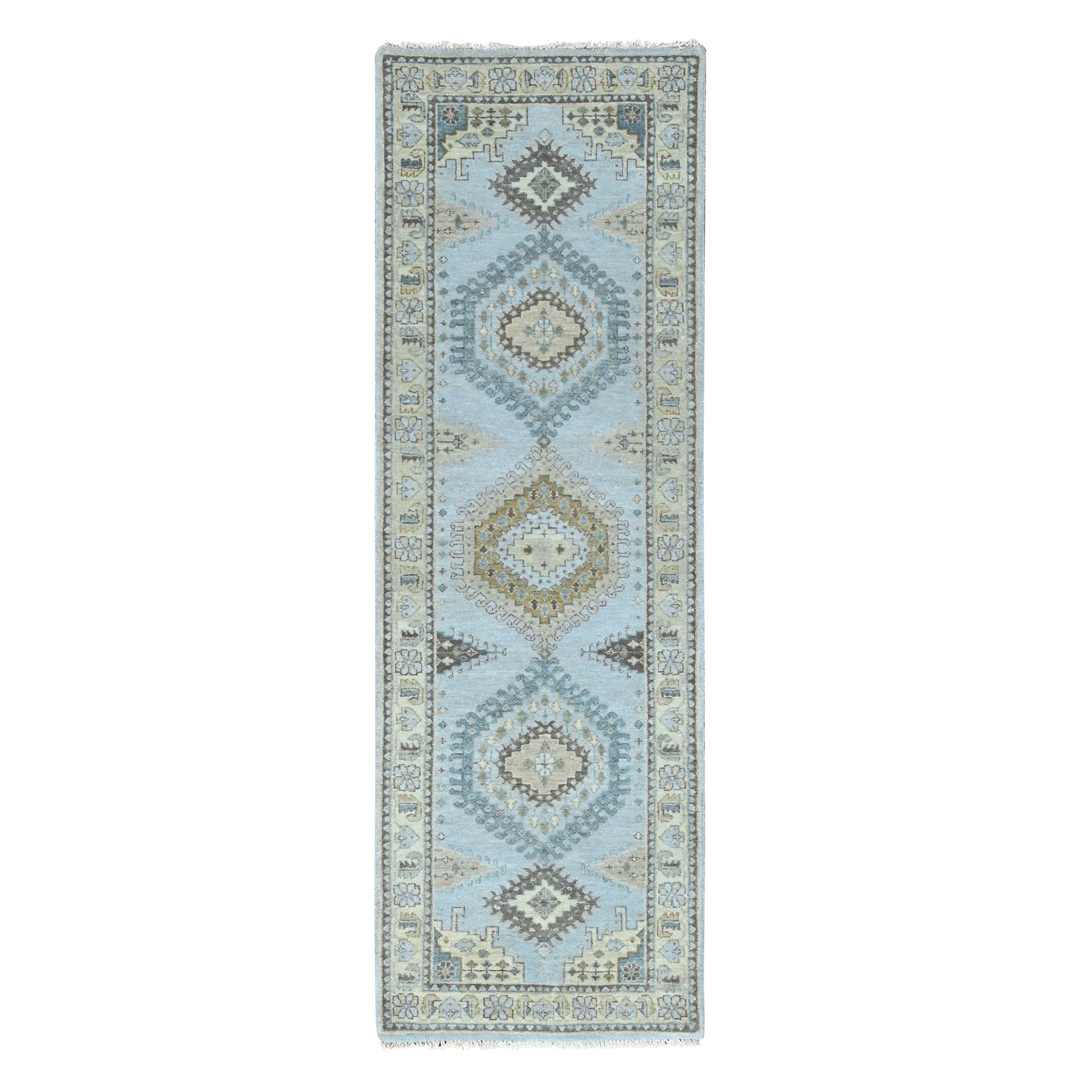 2'7"x7'10" Cloud Gray, Persian Village Inspired Geometric Elements Design, Hand Knotted, Pure Wool, Natural Dyes, Denser Weave, Runner, Oriental Rug HR10321