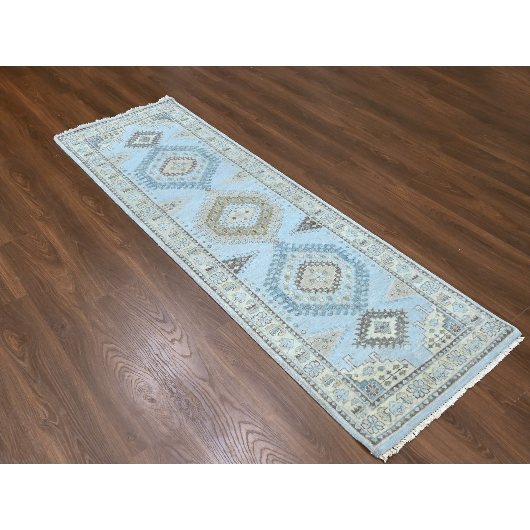 2'7"x7'10" Cloud Gray, Persian Village Inspired Geometric Elements Design, Hand Knotted, Pure Wool, Natural Dyes, Denser Weave, Runner, Oriental Rug HR10321 - Image 2