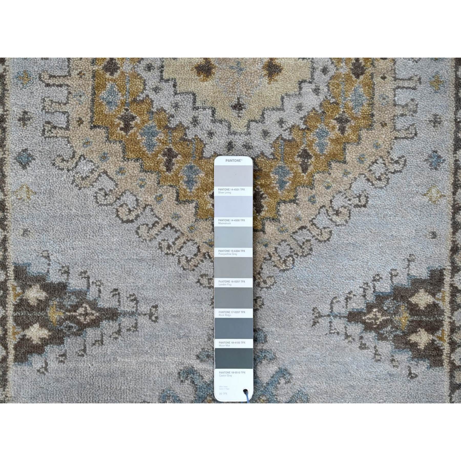 2'7"x7'10" Cloud Gray, Persian Village Inspired Geometric Elements Design, Hand Knotted, Pure Wool, Natural Dyes, Denser Weave, Runner, Oriental Rug HR10321 - Image 4