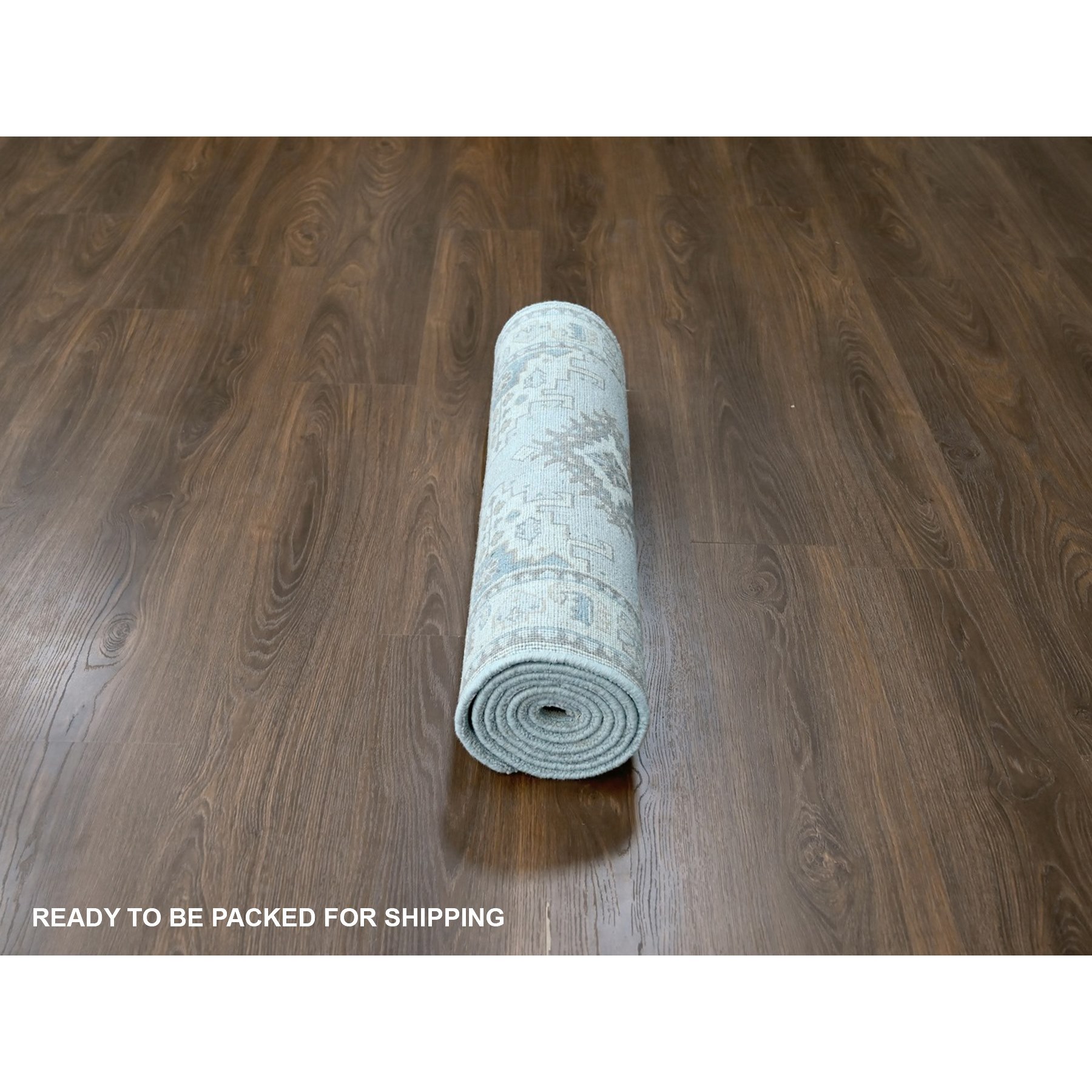 2'7"x7'10" Cloud Gray, Persian Village Inspired Geometric Elements Design, Hand Knotted, Pure Wool, Natural Dyes, Denser Weave, Runner, Oriental Rug HR10321 - Image 6