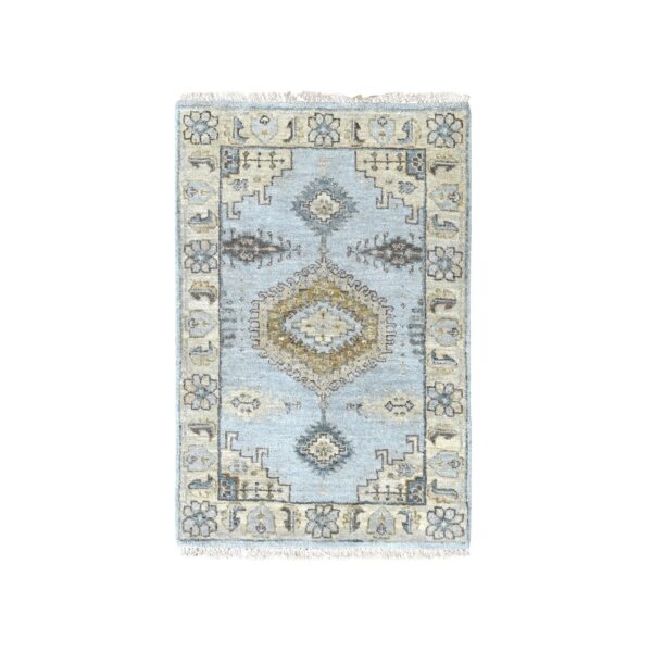 2'x3' Medium Gray, Persian Village Inspired Geometric Pattern, Hand Knotted, 100% Wool, Natural Dyes, Denser Weave, Sample, Mat, Oriental Rug HR10323