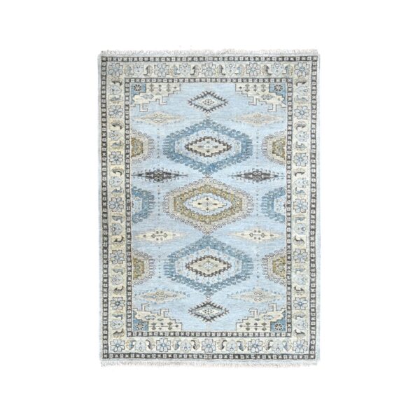 4'1"x6' Cloud Gray, Persian Village Inspired Geometric Elements Design, Pure Wool, Natural Dyes, Denser Weave, Hand Knotted, Oriental Rug HR10325