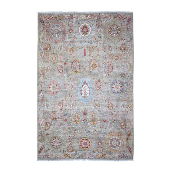 6'x9'2" Tan Color, Natural Dyes Extra Soft Wool, Hand Knotted Finer Peshawar with Uzbek Suzani Design, Densely Woven, Oriental Rug HR73548