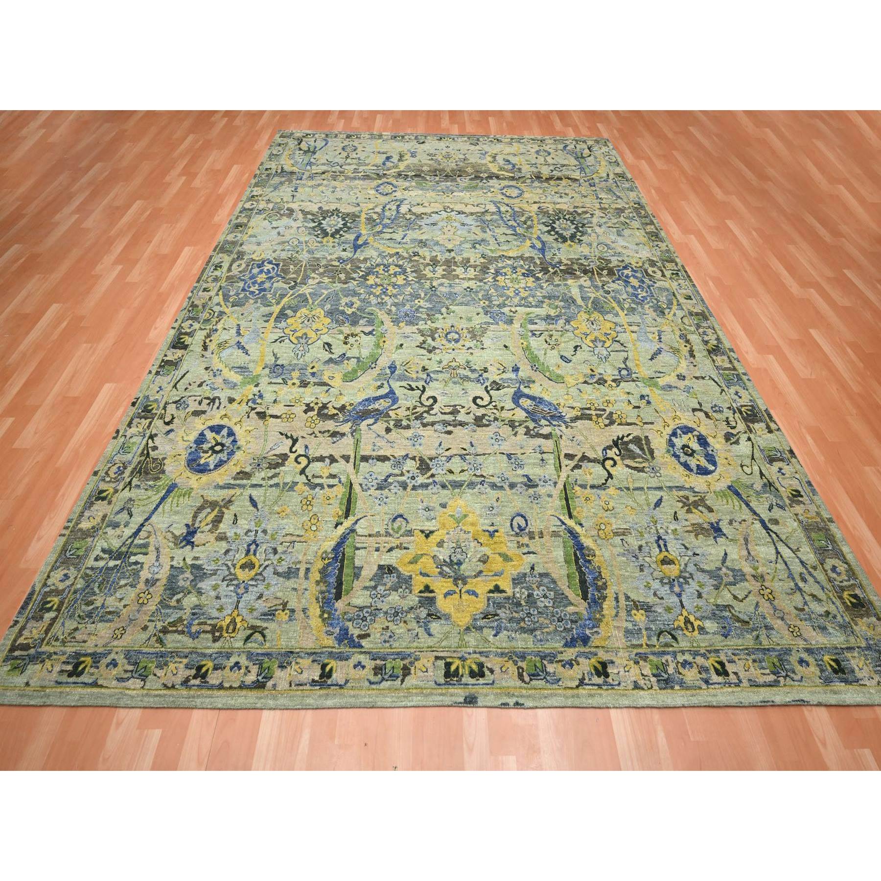 9'x12'3" Swamp Green, Broken and Erased Persian Inspired with Birds Design, Distinct Abrash, Shaved Low, Hand Knotted, 100% Wool, Oriental Rug HR75713 - Image 2