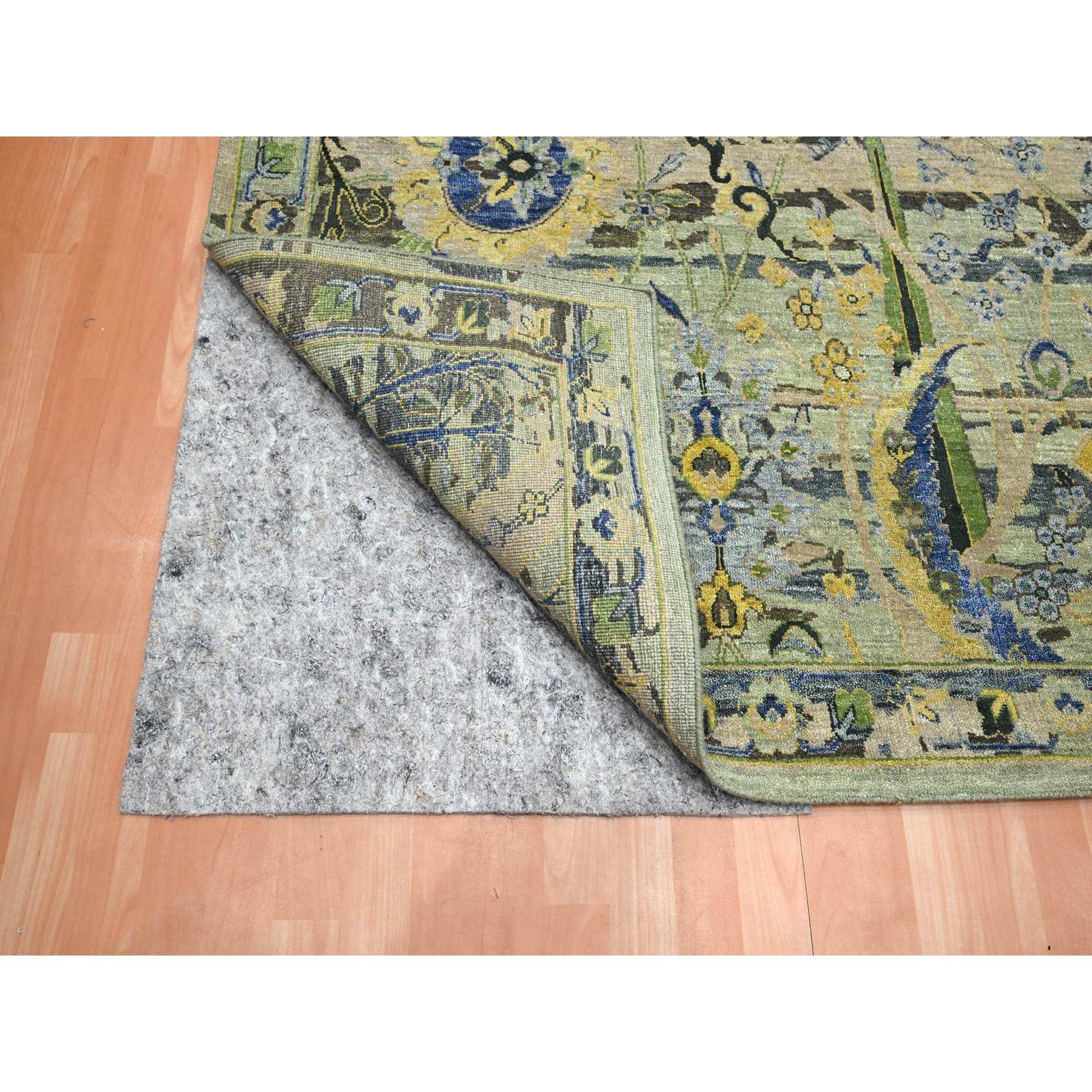 9'x12'3" Swamp Green, Broken and Erased Persian Inspired with Birds Design, Distinct Abrash, Shaved Low, Hand Knotted, 100% Wool, Oriental Rug HR75713 - Image 4