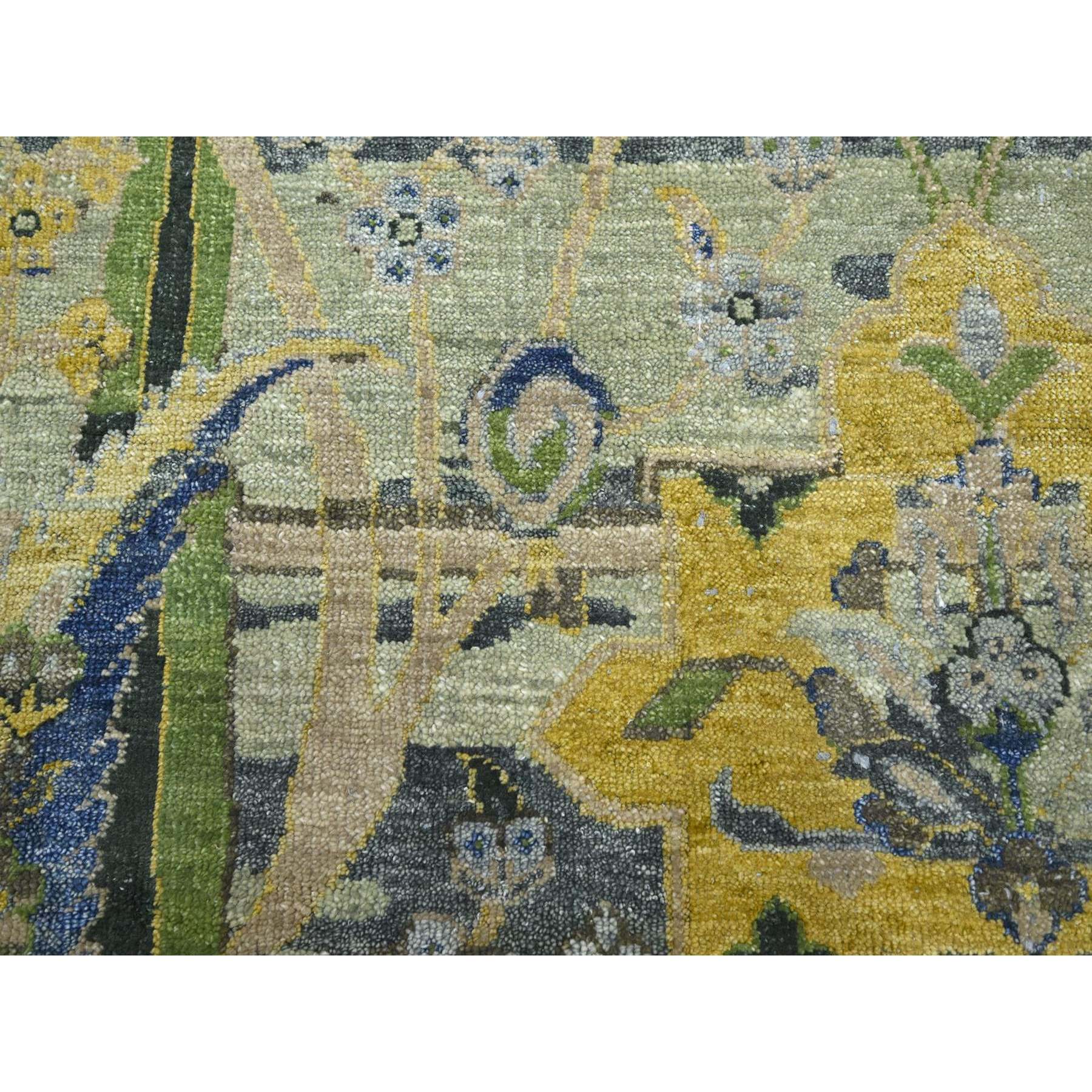 9'x12'3" Swamp Green, Broken and Erased Persian Inspired with Birds Design, Distinct Abrash, Shaved Low, Hand Knotted, 100% Wool, Oriental Rug HR75713 - Image 8