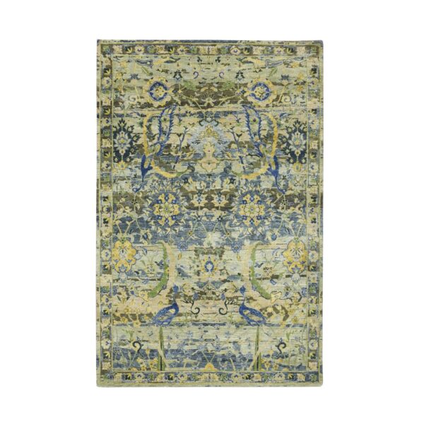 6'1"x9'3" Reseda Green, Broken and Erased Persian Inspired with Birds Design, Distinct Abrash, Shaved Low, Hand Knotted, Pure Wool, Oriental Rug HR75716