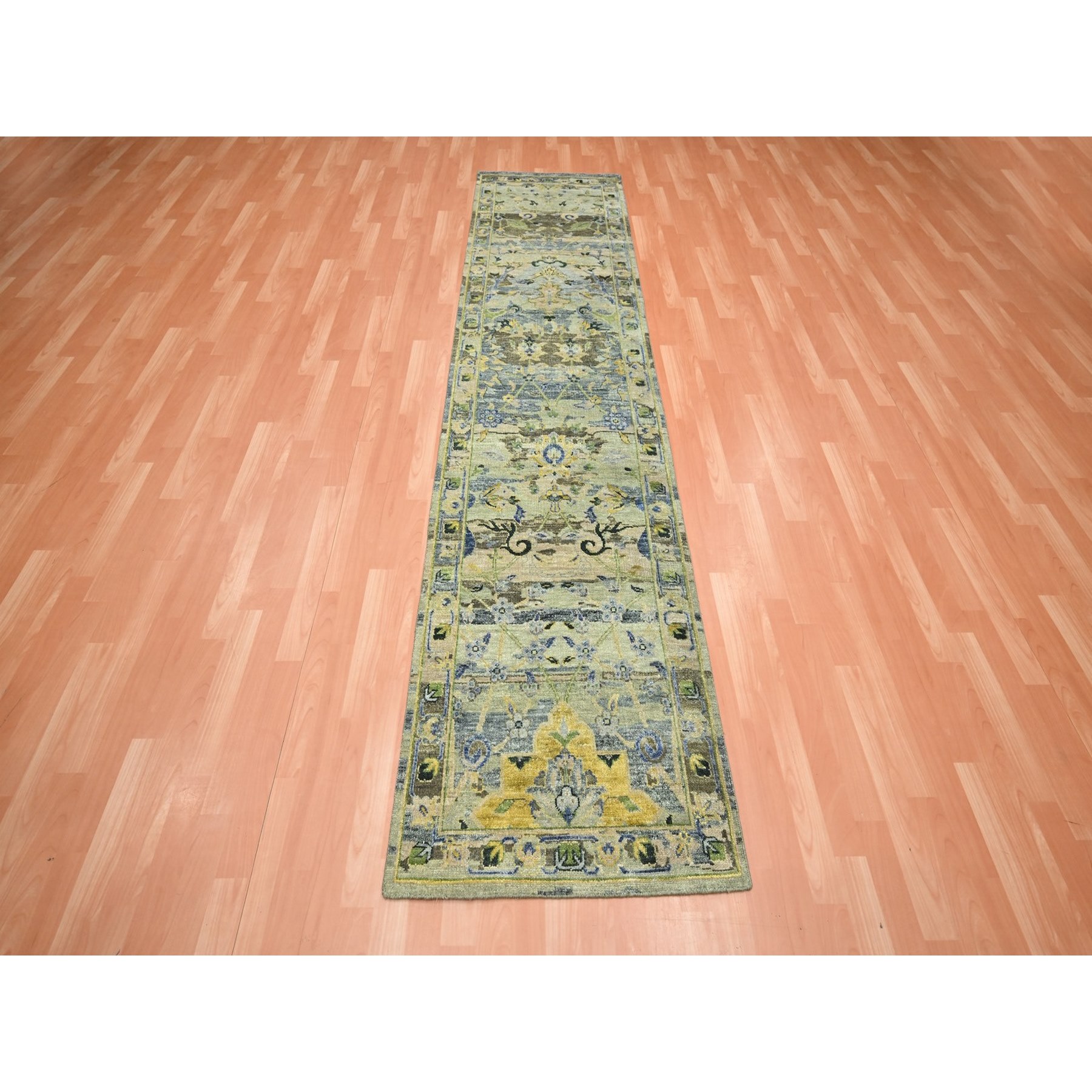 2'7"x10'6" Sage Green, Pure Wool, Broken and Erased Persian Inspired with Birds Design, Distinct Abrash, Shaved Low, Hand Knotted, Runner, Oriental Rug HR75718 - Image 2