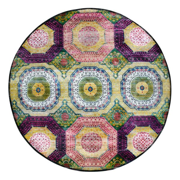9'10"x9'10" Golden Yellow, Colorful Mamluk Design, Hand Knotted, Sari Silk with Textured Wool, Round, Oriental Rug HR75727