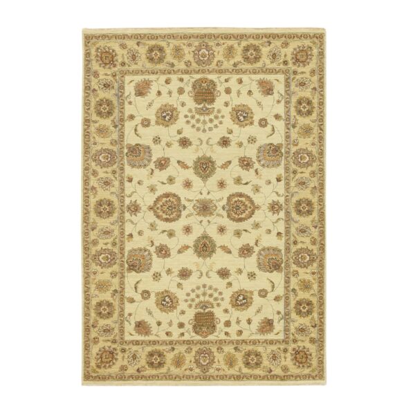 5'6"x8'1" Boulder Ivory, Agra with Ziegler Design, Colorful Leaf Pattern, Hand Knotted, 100% Wool, Zero Pile, Oriental Rug HR76356