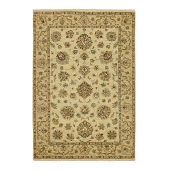 5'6"x8' Beige, Hand Knotted, Agra with Ziegler Design, Colorful Leaf Pattern, Pure Wool, Zero Pile, Oriental Rug HR76357