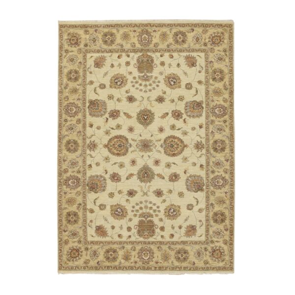 5'7"x8' Bone White, Agra with Ziegler Design, Colorful Leaf Pattern, Hand Knotted, Pure Wool, Zero Pile, Oriental Rug HR76358