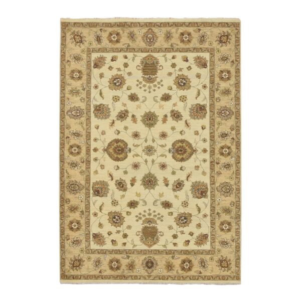 5'6"x8' Boulder Ivory, Agra with Ziegler Design, Colorful Leaf Pattern, Hand Knotted, Pure Wool, Zero Pile, Oriental Rug HR76359