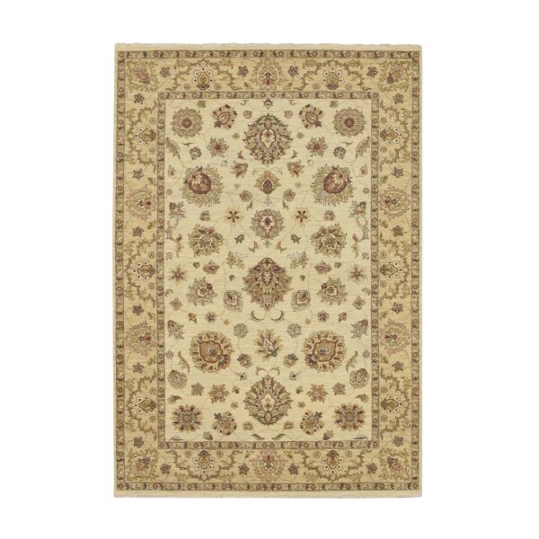 5'6"x8'1" Linen White, Pure Wool, Agra with Ziegler Design, Colorful Leaf Pattern, Zero Pile, Hand Knotted, Oriental Rug HR76361