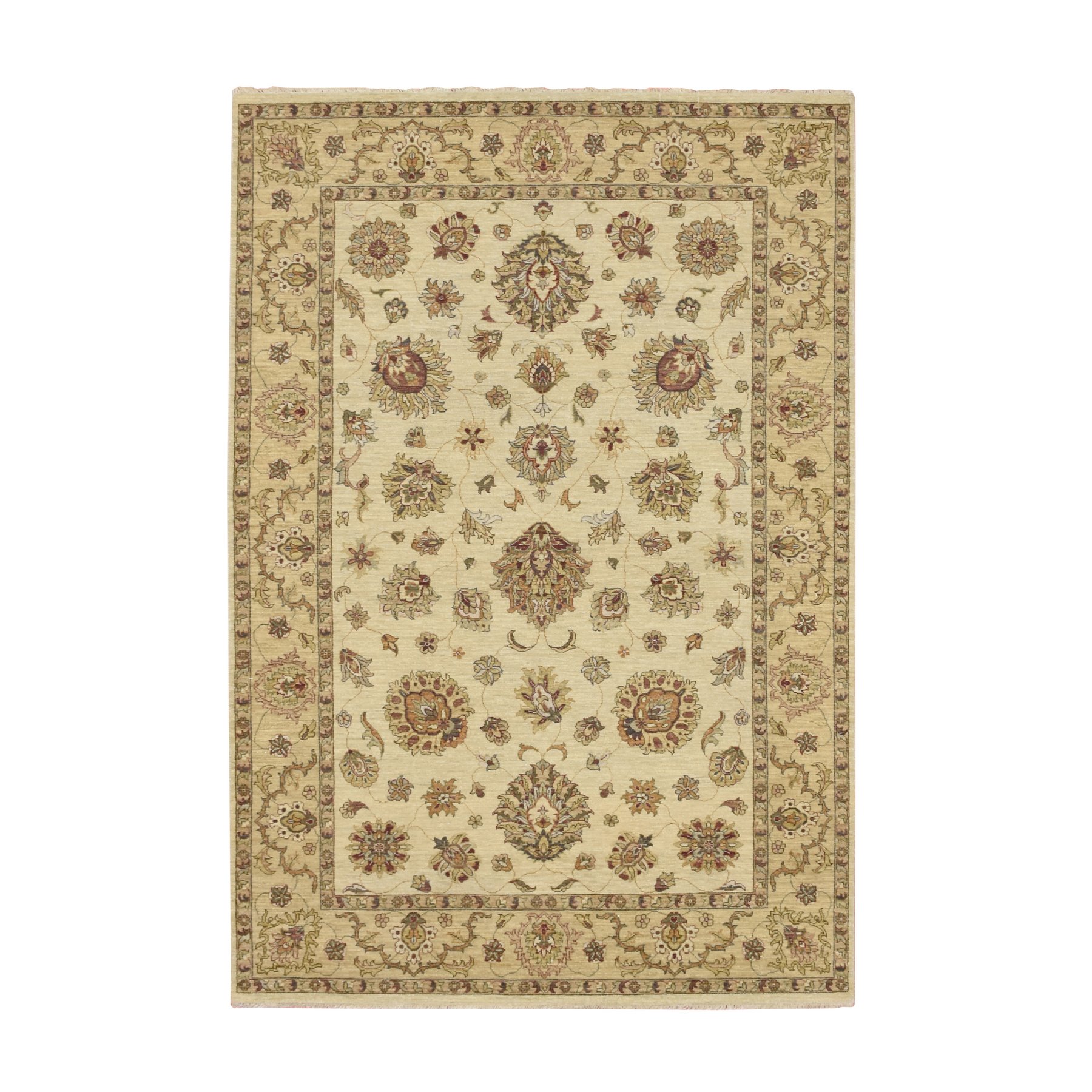 5'6"x8'1" Linen White, Pure Wool, Agra with Ziegler Design, Colorful Leaf Pattern, Zero Pile, Hand Knotted, Oriental Rug HR76361