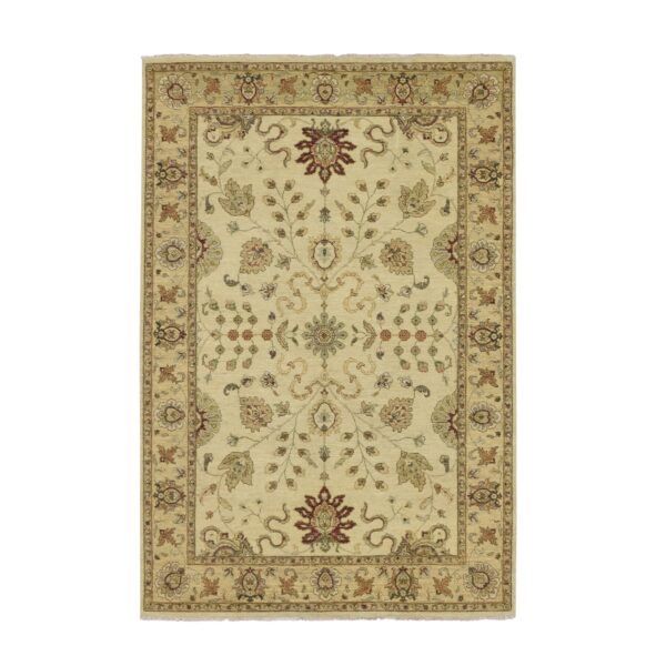 5'5"x8'1" Bone White, Agra with Ziegler Design, Colorful Leaf Pattern, Hand Knotted, 100% Wool, Zero Pile, Oriental Rug HR76362