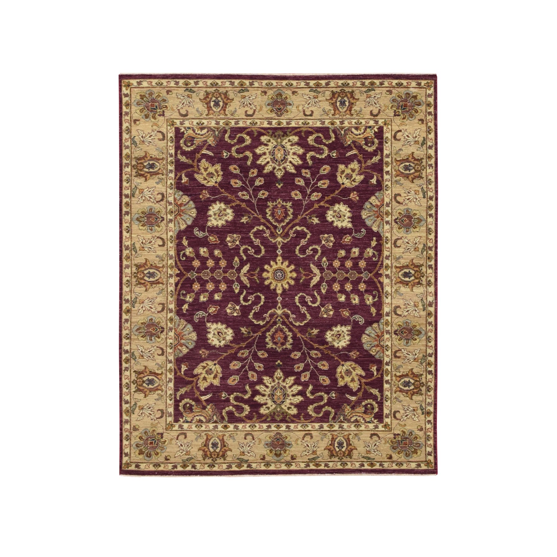 5'1"x6'5" Burgundy Red, Agra with Ziegler Design, Colorful Leaf Pattern, Hand Knotted, Pure Wool, Zero Pile, Oriental Rug HR76364