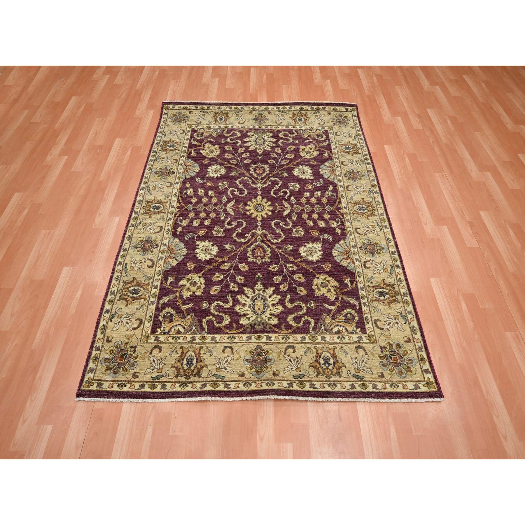 5'1"x6'5" Burgundy Red, Agra with Ziegler Design, Colorful Leaf Pattern, Hand Knotted, Pure Wool, Zero Pile, Oriental Rug HR76364 - Image 2