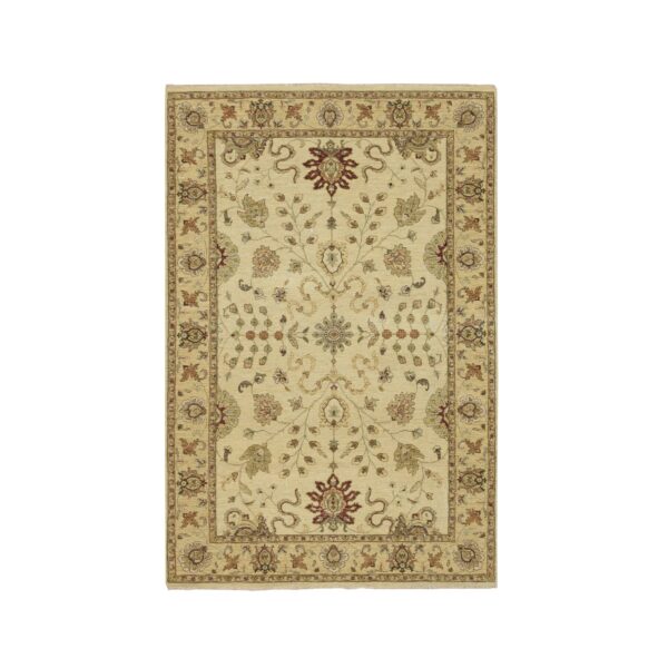 5'5"x8'4" Parchment White, Hand Knotted, Agra with Ziegler Design, All Over Leaf Pattern, Pure Wool, Zero Pile, Oriental Rug HR76365