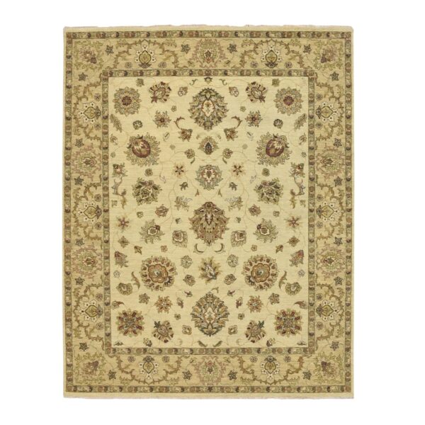 6'5"x8'2" Boulder White, Agra with Ziegler Design, All Over Leaf Pattern, Zero Pile, Hand Knotted, Pure Wool, Oriental Rug HR76366