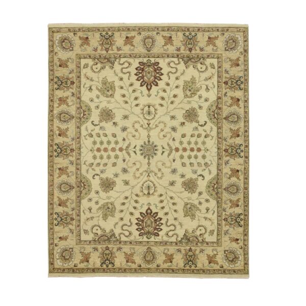 6'5"x8'1" Bone White, Hand Knotted, All Over Leaf Pattern, Agra with Ziegler Design, Zero Pile, Pure Wool, Oriental Rug HR76367