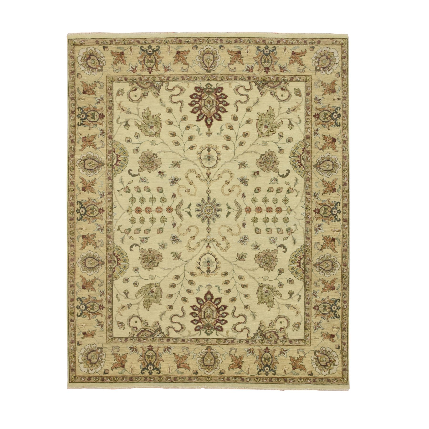 6'5"x8'1" Bone White, Hand Knotted, All Over Leaf Pattern, Agra with Ziegler Design, Zero Pile, Pure Wool, Oriental Rug HR76367