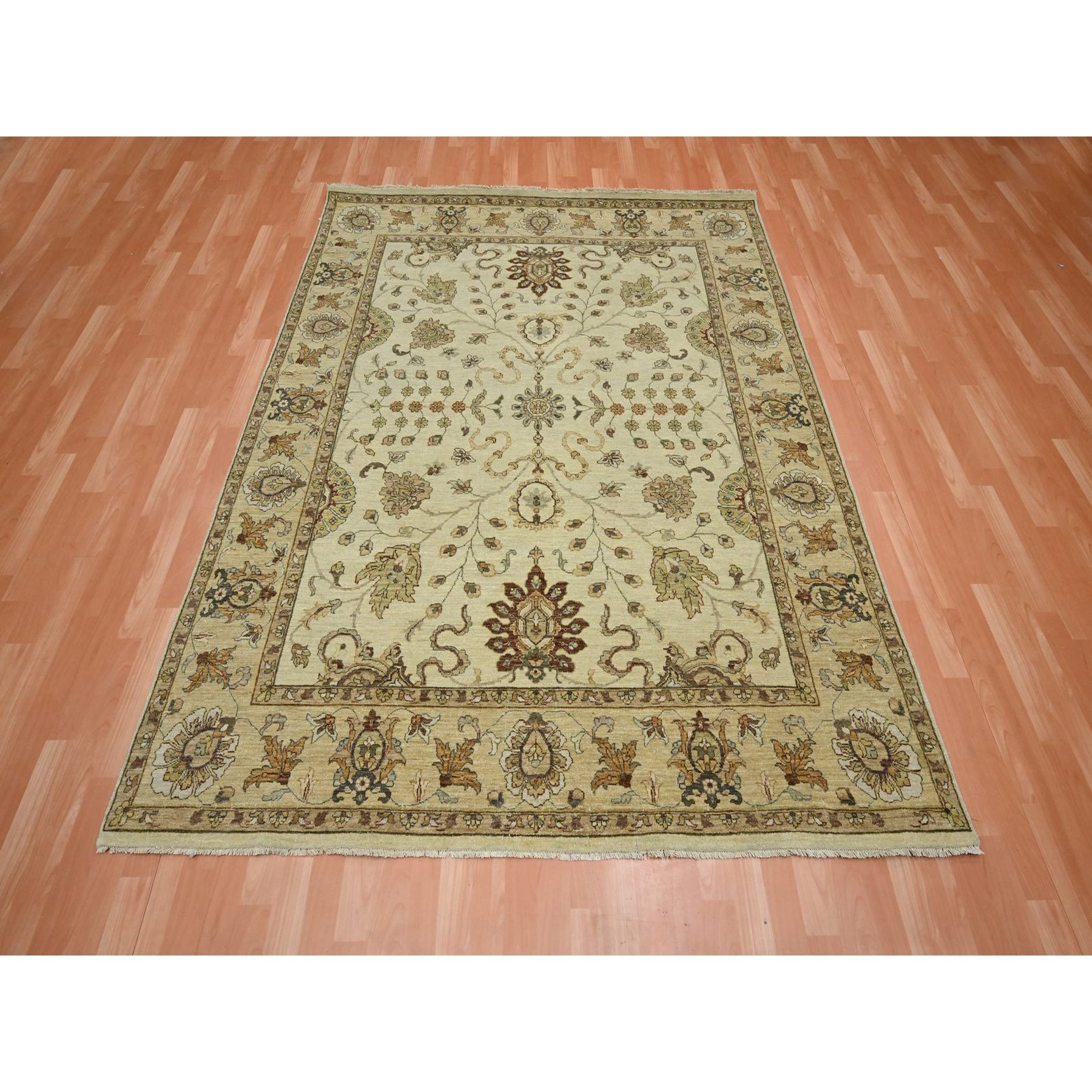 6'5"x8'1" Bone White, Hand Knotted, All Over Leaf Pattern, Agra with Ziegler Design, Zero Pile, Pure Wool, Oriental Rug HR76367 - Image 2