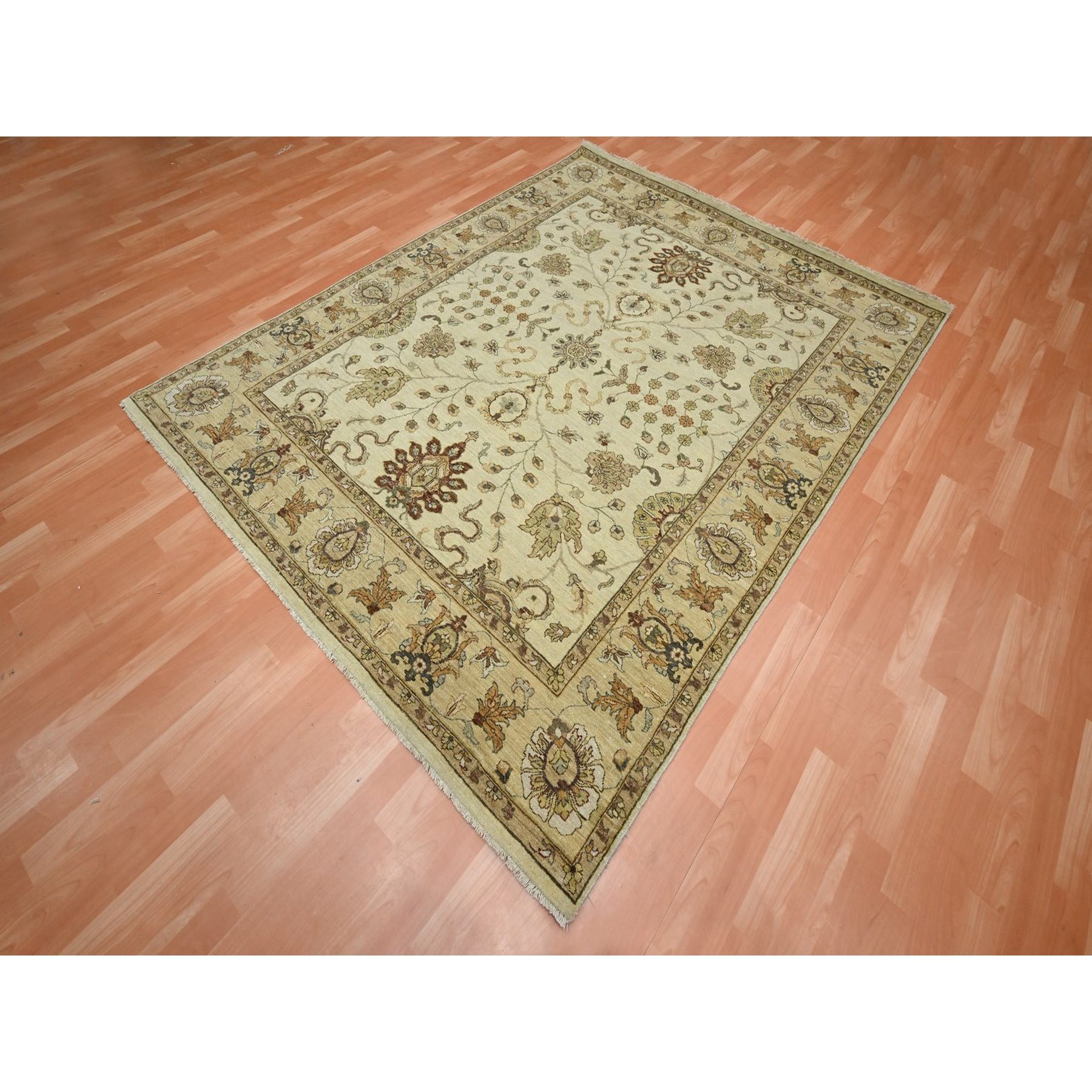 6'5"x8'1" Bone White, Hand Knotted, All Over Leaf Pattern, Agra with Ziegler Design, Zero Pile, Pure Wool, Oriental Rug HR76367 - Image 3