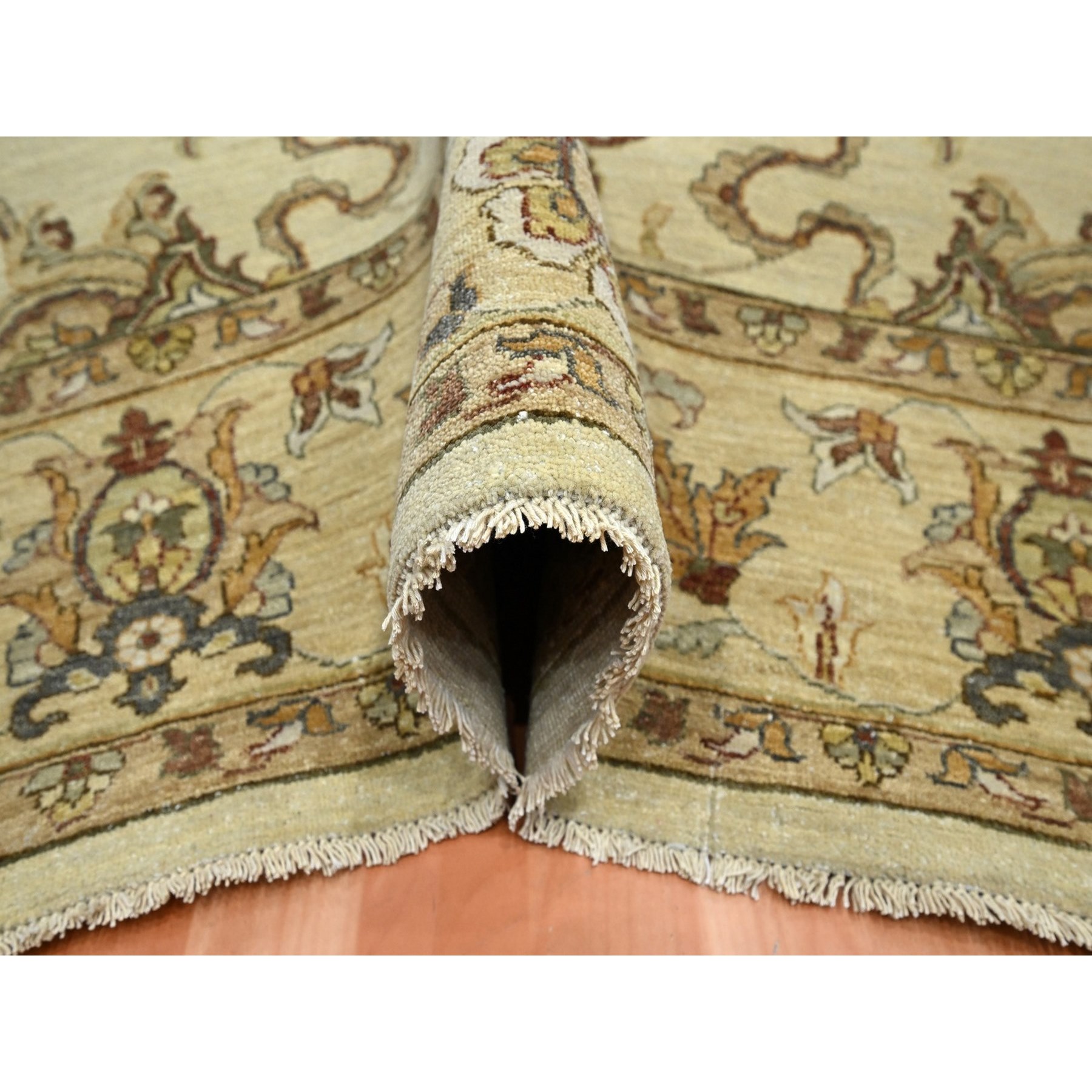 6'5"x8'1" Bone White, Hand Knotted, All Over Leaf Pattern, Agra with Ziegler Design, Zero Pile, Pure Wool, Oriental Rug HR76367 - Image 5