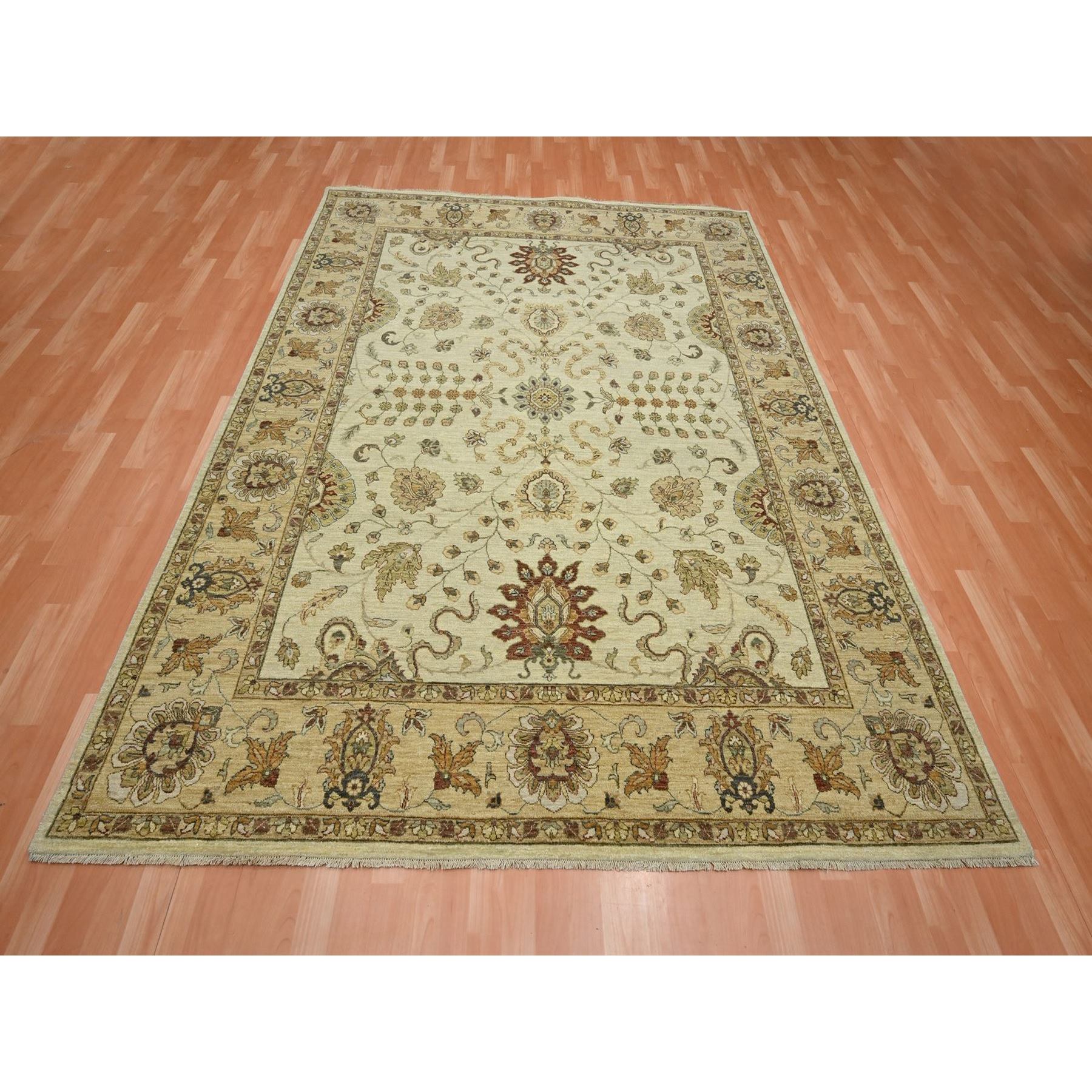 7'3"x9'3" Linen White, Hand Knotted, Agra with Ziegler Design, All Over Leaf Pattern, 100% Wool, Zero Pile, Oriental Rug HR76368 - Image 2