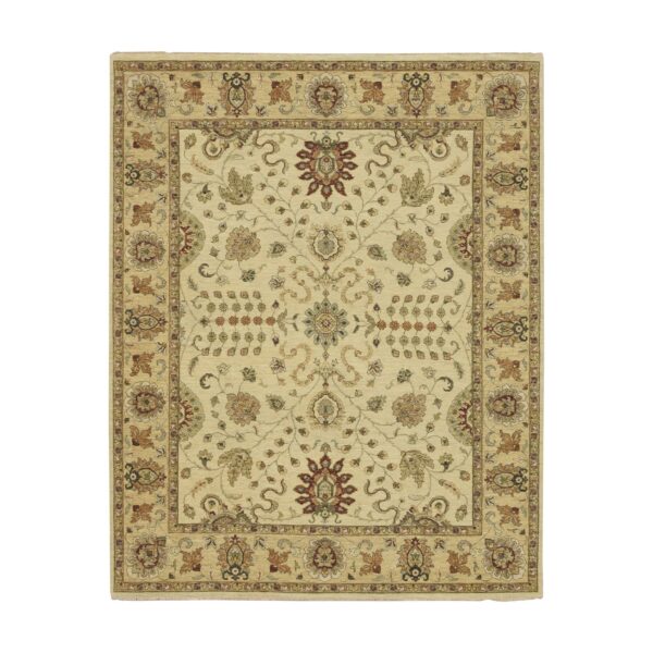 7'3"x9'1" Boulder White, Hand Knotted, Agra with Ziegler Design, All Over Leaf Pattern, Zero Pile, Pure Wool, Oriental Rug HR76370