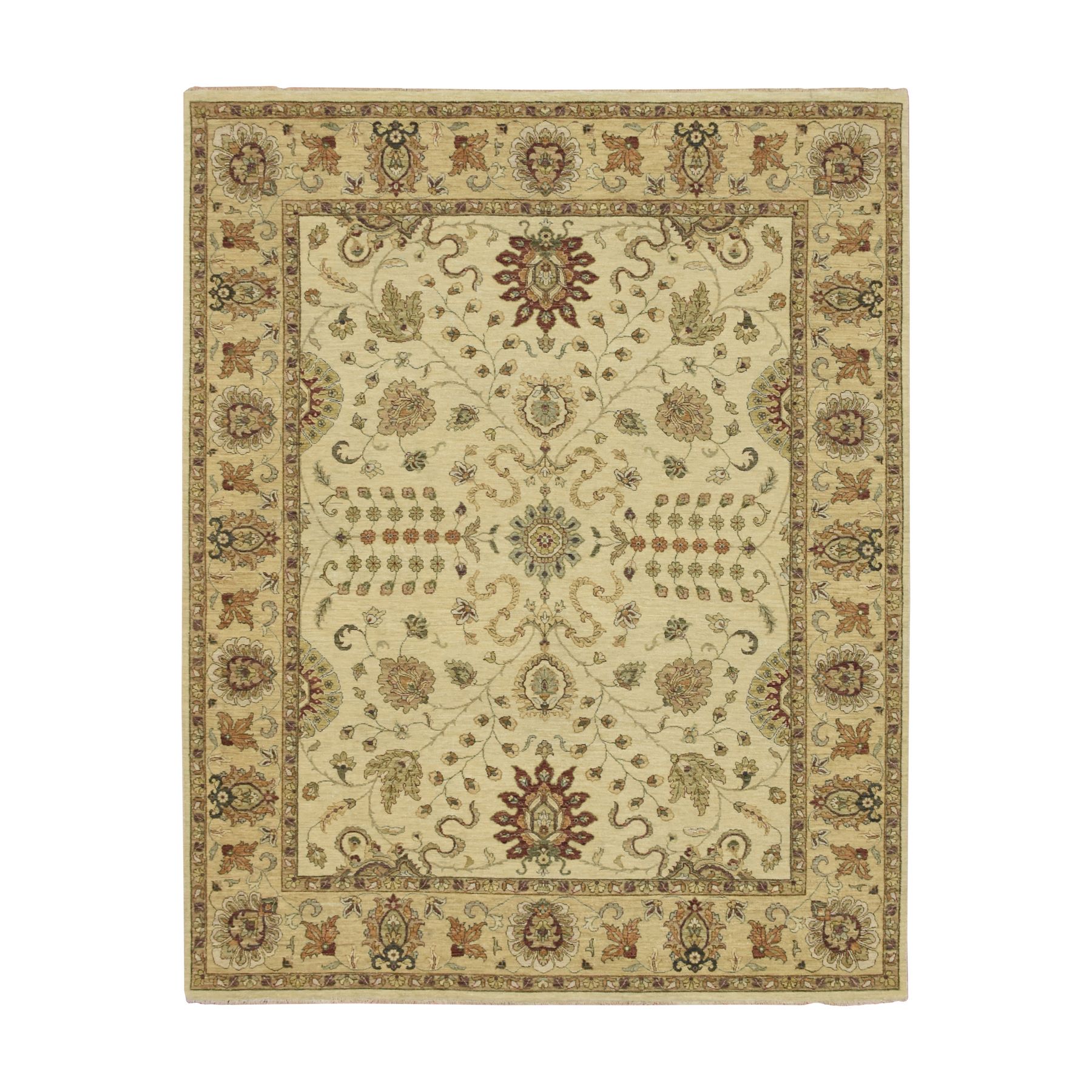 7'3"x9'1" Boulder White, Hand Knotted, Agra with Ziegler Design, All Over Leaf Pattern, Zero Pile, Pure Wool, Oriental Rug HR76370
