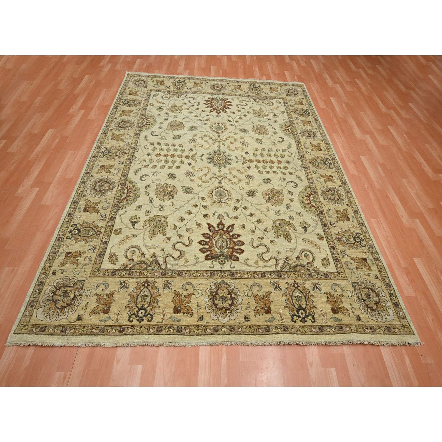 7'3"x9'1" Boulder White, Hand Knotted, Agra with Ziegler Design, All Over Leaf Pattern, Zero Pile, Pure Wool, Oriental Rug HR76370 - Image 2