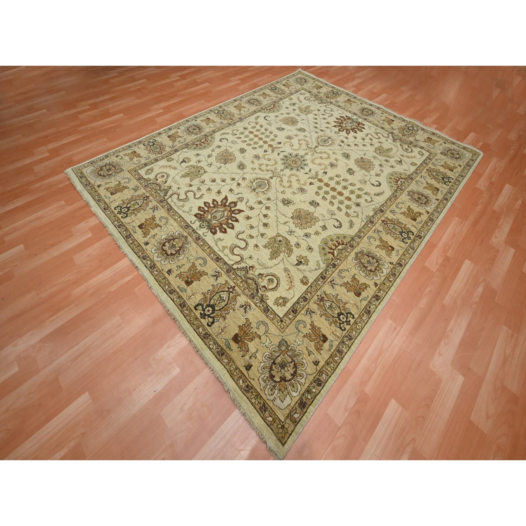 7'3"x9'1" Boulder White, Hand Knotted, Agra with Ziegler Design, All Over Leaf Pattern, Zero Pile, Pure Wool, Oriental Rug HR76370 - Image 3