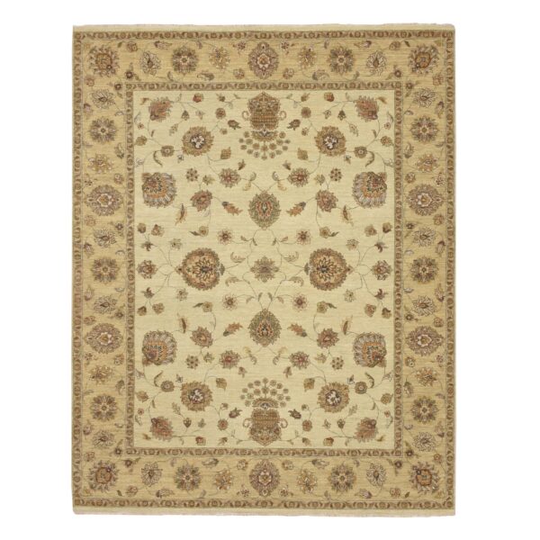 7'3"x9'3" Linen White, Hand Knotted, Agra with Ziegler Design, All Over Leaf Pattern, Zero Pile, Pure Wool, Oriental Rug HR76371