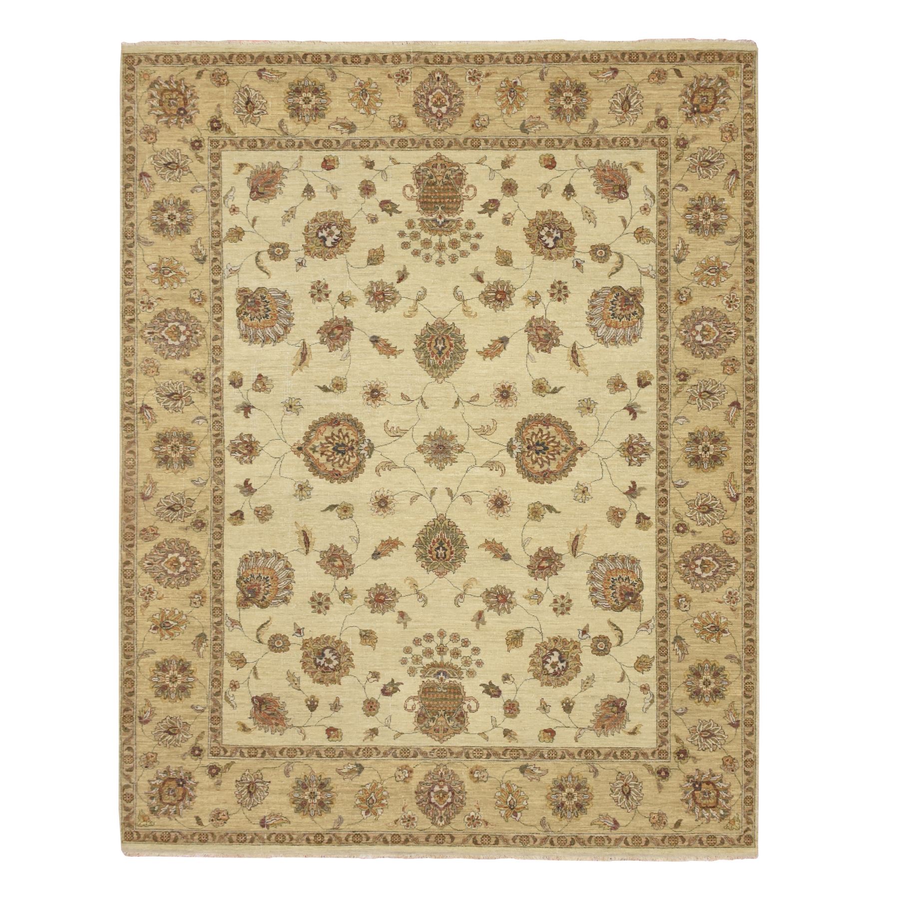 7'3"x9'3" Linen White, Hand Knotted, Agra with Ziegler Design, All Over Leaf Pattern, Zero Pile, Pure Wool, Oriental Rug HR76371