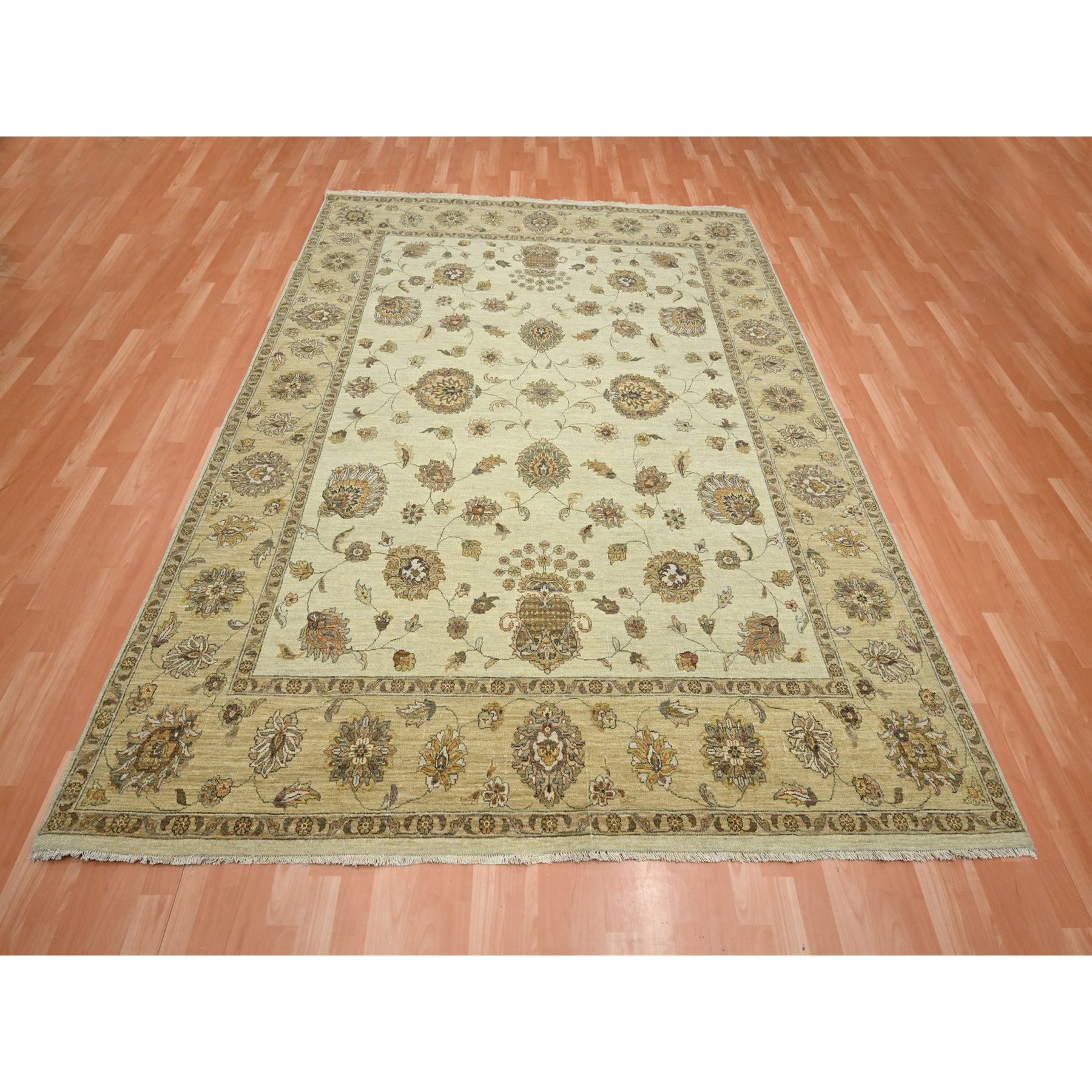 7'3"x9'3" Linen White, Hand Knotted, Agra with Ziegler Design, All Over Leaf Pattern, Zero Pile, Pure Wool, Oriental Rug HR76371 - Image 2