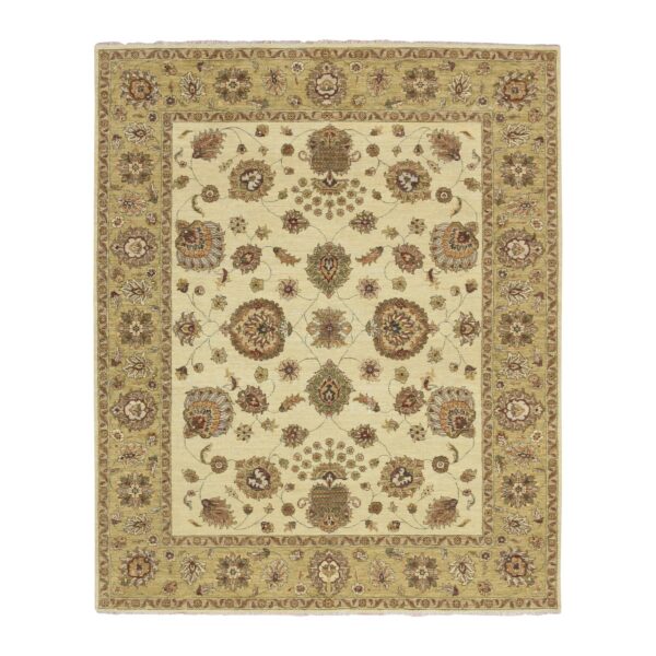 6'6"x8' Bone White, Agra with Ziegler Design, All Over Leaf Pattern, Zero Pile, Hand Knotted, Pure Wool, Oriental Rug HR76372
