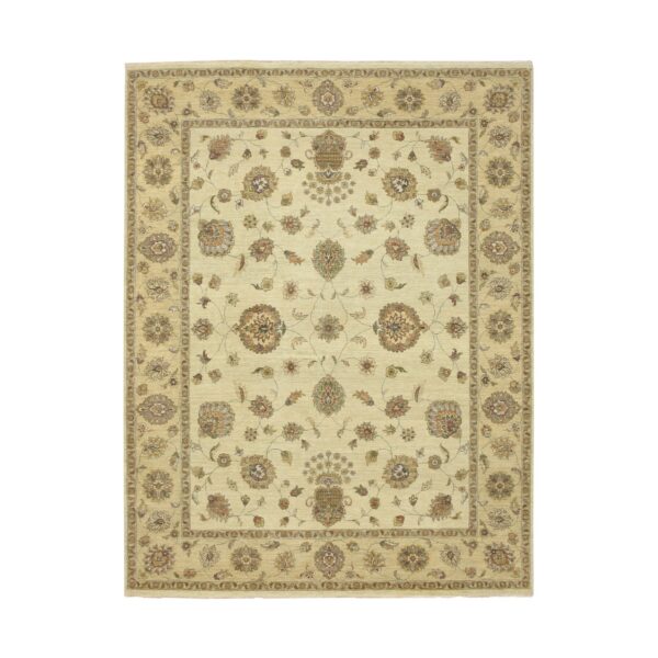 7'2"x9'4" Bone White, Hand Knotted, Agra with Ziegler Design, All Over Leaf Pattern, Pure Wool, Zero Pile, Oriental Rug HR76376