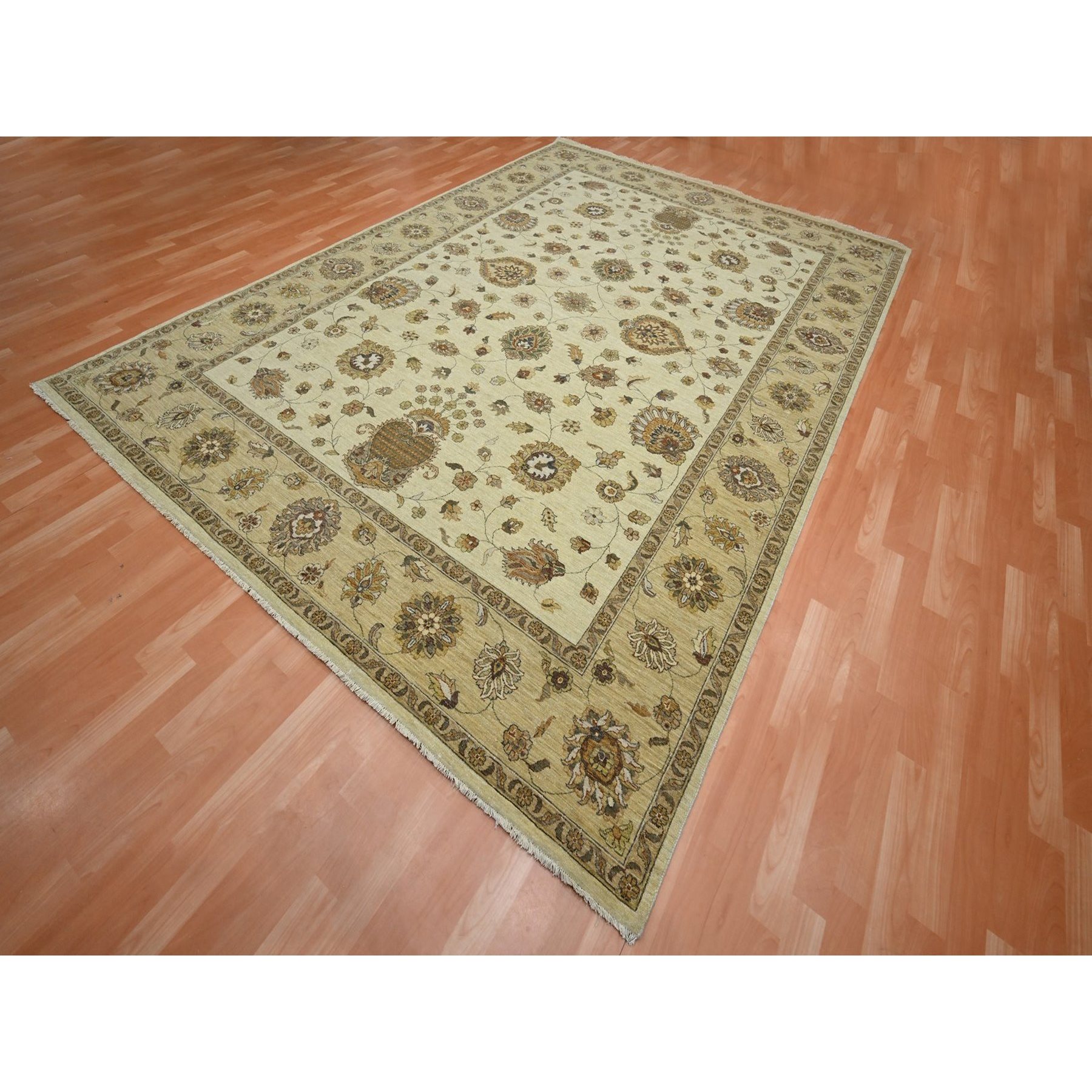 8'3"x11'6" Linen White, Hand Knotted, Agra with Ziegler Design, All Over Leaf Pattern, 100% Wool, Zero Pile, Oriental Rug HR76378 - Image 3