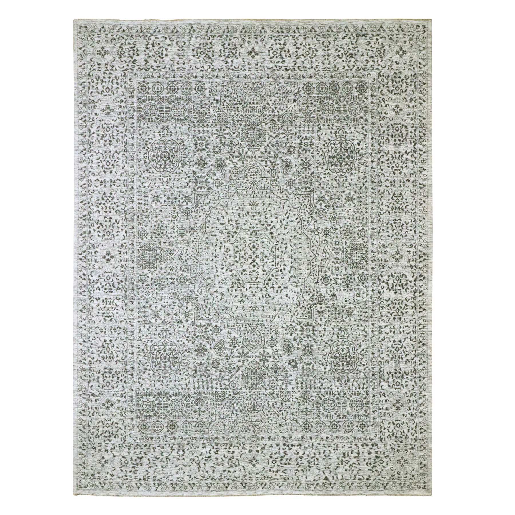 9'1"x12' Alabaster White, Pre Historic 14th Century Influence, Mamluk Design, Natural Dyes, Hand Knotted, Pure Wool, Oriental Rug HR76547