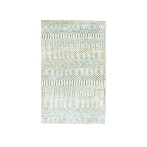 2'x3' Beige-Gray, Modern Grass Design, Wool with touch of Silk, Hand Knotted, Tone on Tone, Lush and Plush, Sample, Mat, Oriental Rug HR76645
